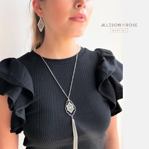 ALLISON ROSE ATELIER – Boho Pendant Necklace – Silver Plating – Bohemian Filigree Pendant Charm with Fringe Tassel – 29" Long Necklace for Women in Saudi Arabia