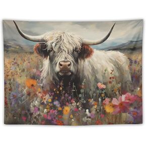 FeoYoed Highland Cow Tapestry Wall Hanging Aesthetic Cute Funny Animal Floral Decoration Bedroom Living Room Wall Art Tapestry 30"x40" in Kuwait