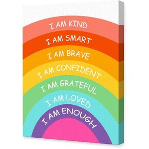 Affirmations for Kids Canvas Wall Art,I Am Kind,Brave With Rainbow Motivational Quote Artwork Painting Prints Poster Ready to Hang for Kids Teens Classroom Nursery Read Room Wall Decor,12x15 Inch Y449 in Kuwait