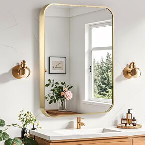 Gold Bathroom Mirror, 30x36 Inch Brushed Gold Mirror, Aluminum Alloy Framed Vanity Mirror, Rounded Rectangle Bathroom Mirror for Over Sink, Anti-Rust Wall Mirror (Horizontally or Vertically) in Kuwait