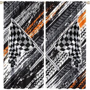 Boys Room Decor Racing Car Rod Pocket Blackout Curtains - Racing Car Game Theme Racecar Checkered Flag Window Drapes Set Energy Saving Thermal Insulated Drapes for Living Room 2 Panels 45L x 21W in Kuwait