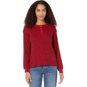 قميص نسائي من Tommy Hilfiger باللون الوردي من Henley Boxy ذو قصة متباينة وأكمام طويلة ورقبة دائرية LG in Kuwait