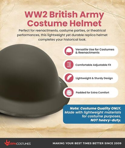 Nicky Bigs Novelties Adult WW2 Ally British Army Helmet - Lightweight Thick Plastic WW1 Reenactment Costume Hat, Olive Drab Green, Adjustable in Kuwait