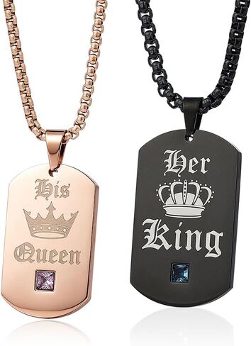 Wolentty King and Queen Couples Necklaces Stainless Steel Dog Tags Chain His & Hers Matching Jewelry Gifts for Valentine's Day in Kuwait