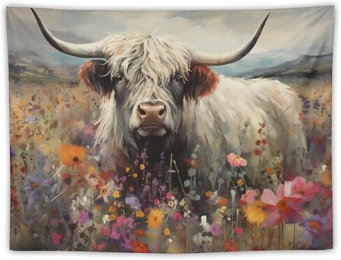 FeoYoed Highland Cow Tapestry Wall Hanging Aesthetic Cute Funny Animal Floral Decoration Bedroom Living Room Wall Art Tapestry 30"x40" in Kuwait