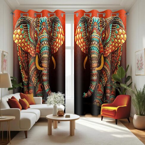 EOTDMS Mandala Elephant Printing Curtain African Wildlife Indian Animal 42"x 84" 2Panels 100% Blackout Drapes for Living Patio Door Bedroom Thermal Insulated Darkening Grommet Window Curtains CLRLEO2 in Kuwait