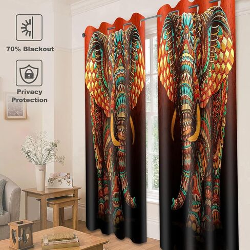 EOTDMS Mandala Elephant Printing Curtain African Wildlife Indian Animal 42"x 84" 2Panels 100% Blackout Drapes for Living Patio Door Bedroom Thermal Insulated Darkening Grommet Window Curtains CLRLEO2 in Kuwait