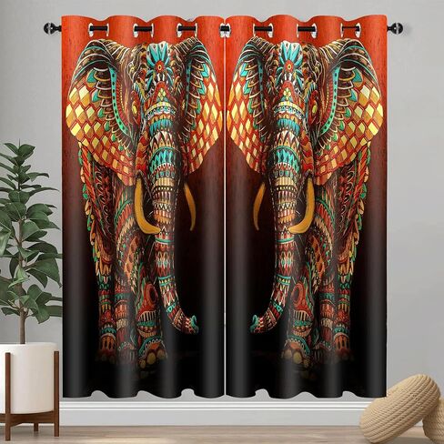 EOTDMS Mandala Elephant Printing Curtain African Wildlife Indian Animal 42"x 84" 2Panels 100% Blackout Drapes for Living Patio Door Bedroom Thermal Insulated Darkening Grommet Window Curtains CLRLEO2 in Kuwait
