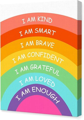 Affirmations for Kids Canvas Wall Art,I Am Kind,Brave With Rainbow Motivational Quote Artwork Painting Prints Poster Ready to Hang for Kids Teens Classroom Nursery Read Room Wall Decor,12x15 Inch Y449 in Kuwait