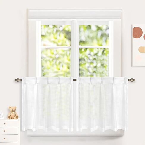 DriftAway Pinch Pleat Kitchen Curtains Linen Textured Short Linen Curtains for Small Window Bathroom Laundry Room 2 Panels Cafe Curtains Back Tabs Farmhouse Rustic Curtains 30 x 24 Inches Birch White in Kuwait