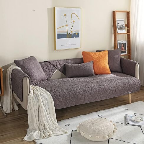 Cotton Quilted Sofa Cover Boho Circle Embroidered Sectional Couch Slipcover Solid Color Non Slip Sofa Slipcover Furniture Protector for Dogs, Pets, Children (Light Grey,35"x94") in Kuwait