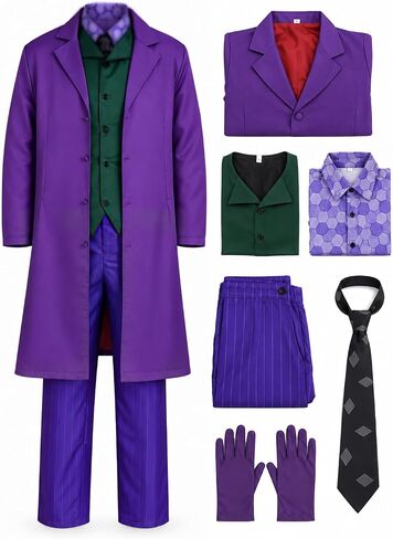 Kuberas Joker Costume Adult Men Clown Joker Cosplay Costume Coat Shirt Tie Gloves Accessories Suit Halloween Outfit in Kuwait