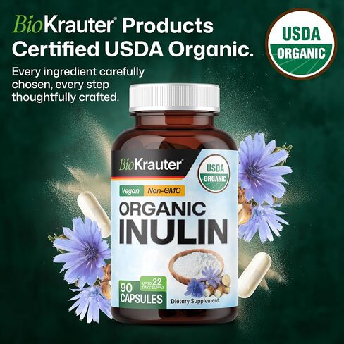 Inulin Powder Capsules - Organic Fiber Supplement - 1200mg Chicory Root Fiber Pills for Digestive Support - Pure Soluble Fiber Supplements - 100 Vegan Tablets in Kuwait