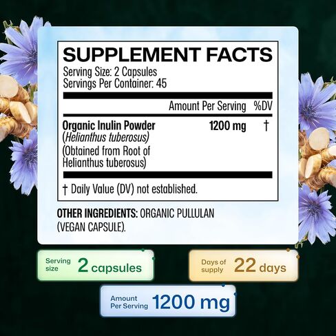 Inulin Powder Capsules - Organic Fiber Supplement - 1200mg Chicory Root Fiber Pills for Digestive Support - Pure Soluble Fiber Supplements - 100 Vegan Tablets in Kuwait