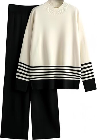 Women's 2 Piece Outfits Sweatsuit Knit Striped Pullover Top Wide Leg Pants Tracksuit Lounge Sets in Kuwait