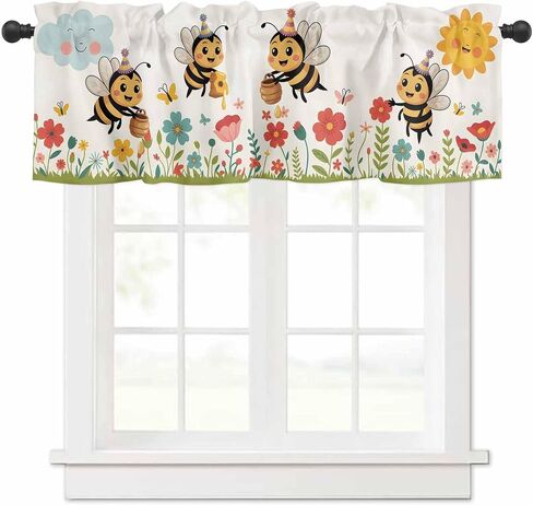 Homechoid Children's Day Curtain Valance for Windows/Living Room/Kitchen/Bathroom/Farmhouse, Kid's Cartoon Sun Flower Bee Leaves Short Rod Pocket Tier Curtain Window Treatment, 1 Panel 54x18 in Kuwait