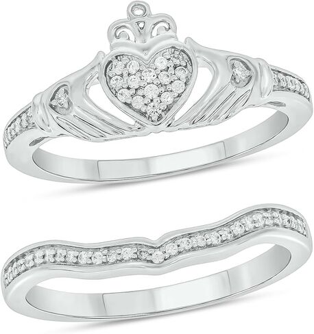 925 Sterling Silver Claddagh Wedding Ring Set for Women, 1/5ct White Diamond Accented Love, Friendship and Loyalty Ring with Matching Diamond Wedding Band for Women in 925 Sterling Silver in Kuwait