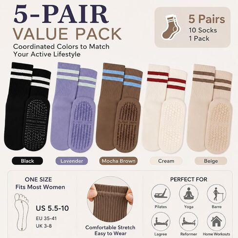 5 Pairs Yoga Socks Women's Medium Warm and shock-absorbing floor Socks Cotton Fitness Dance pilates Girl's Stockings Non slip Sports Thick sole, Multicolor in Kuwait