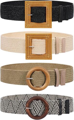 VONMELLI 4 Pack Straw Woven Elastic Stretch Waist Belt Fashion Boho Dress Braided Belts for Women in Kuwait