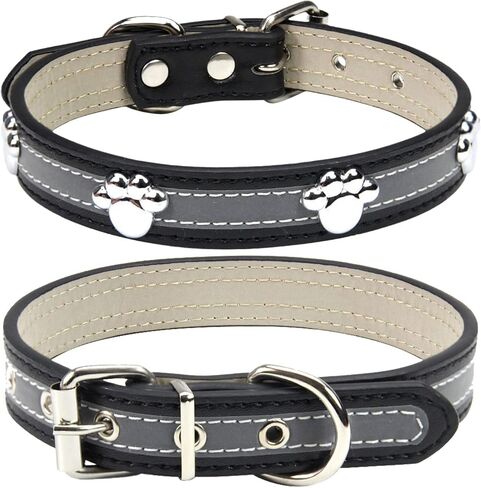 PETCARE Reflective Dog Collar with Cute Paw Rivet Studded Funny Soft PU Leather Adjustable Puppy Dog Collars for Small Medium Large Dogs Cats (Black,Small) in Kuwait