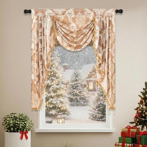 NAPEARL Beige Waterfall Valance for Living Room, Jacquard Kitchen Curtains Valances and Swags, Swag Curtains for Bedroom Windows, Decorative Curtain Toppers and Valances (41-Inch Wide, 1 Panel) in Kuwait