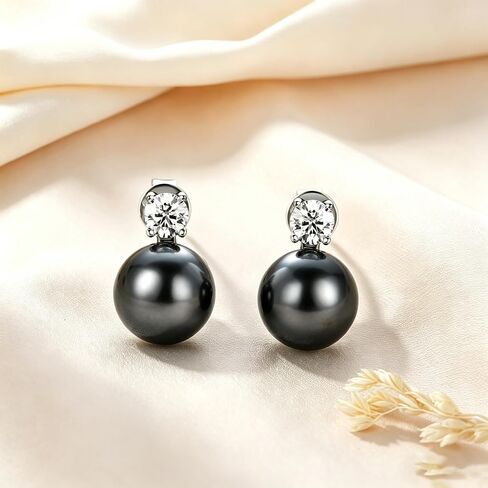 DENGGUANG Genuine Tahitian Black Pearl Earrings with Moissanite Diamond Jewelry for Women, Sterling Silver Stud Earrings Gifts for Mom Wife Her (9-10MM) in Kuwait