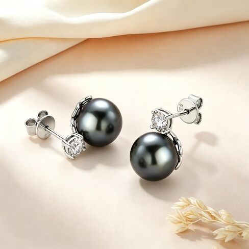 DENGGUANG Genuine Tahitian Black Pearl Earrings with Moissanite Diamond Jewelry for Women, Sterling Silver Stud Earrings Gifts for Mom Wife Her (9-10MM) in Kuwait