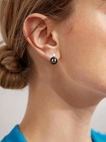 DENGGUANG Genuine Tahitian Black Pearl Earrings with Moissanite Diamond Jewelry for Women, Sterling Silver Stud Earrings Gifts for Mom Wife Her (9-10MM) in Kuwait