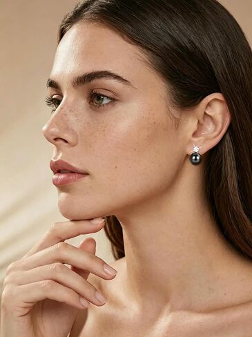 DENGGUANG Genuine Tahitian Black Pearl Earrings with Moissanite Diamond Jewelry for Women, Sterling Silver Stud Earrings Gifts for Mom Wife Her (9-10MM) in Kuwait