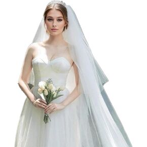 ROSEEDEN 2 Tiers plain Veil wedding bridal woman long veil soft tulle cut edge veil with metal comb (2 Tiers Length 31"+118" Width 118", white) in Kuwait