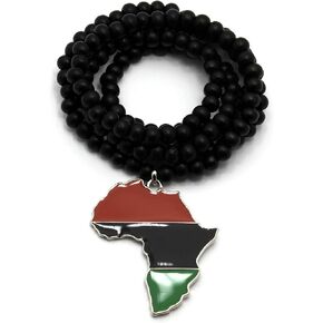 Pan African Colored Africa Map Pendant 6mm 30" Wooden Bead Necklace in Gold Tone (6mm 30" Wooden Bead) in Kuwait