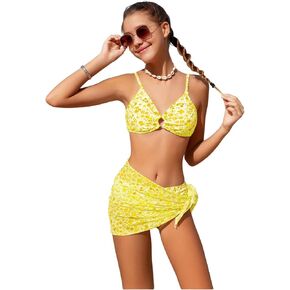 OYOANGLE Girl's 3 Piece Bikini Sets Floral Print Spaghetti Straps Cute Swimsuits with Beach Skirt Bathing Suits in Kuwait