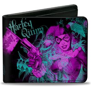 Buckle-Down Men's PU Bifold Wallet-Harley Quinn Pow + Aiming Poses/Joker Sketch Black/Turquoise/Fuchsia, Multicolor, 4.0" x 3.5" in Kuwait