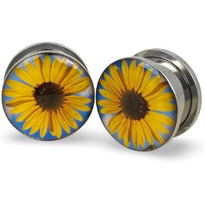 Mystic Metals Body Jewelry Screw on Plugs - Sunflower Picture Plugs - Sold As a Pair in Kuwait