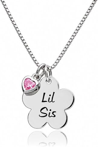 Cherished Moments Girl's Big Sis or Lil Sis Flower Necklace with Pink CZ Heart Charm, 14" in Kuwait