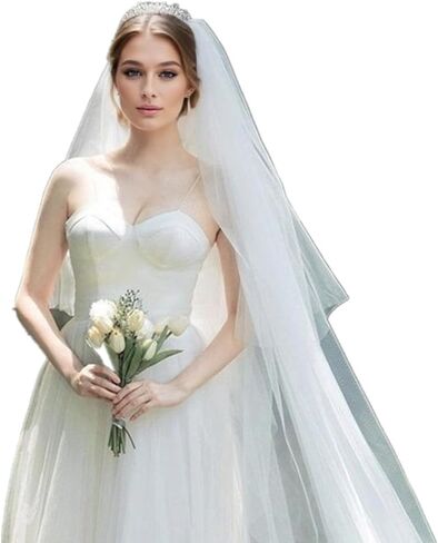 ROSEEDEN 2 Tiers plain Veil wedding bridal woman long veil soft tulle cut edge veil with metal comb (2 Tiers Length 31"+118" Width 118", white) in Kuwait