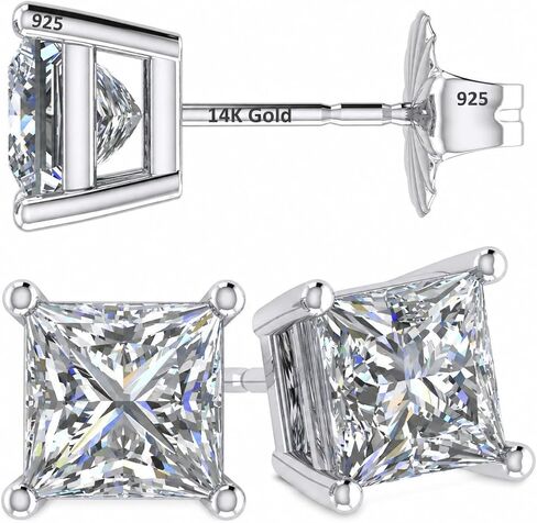 14K Gold Posts & Sterling Silver Princess Cut CZ Stud Earrings w/Pure Brilliance Zirconia, 1.50-4.00ctw in Kuwait