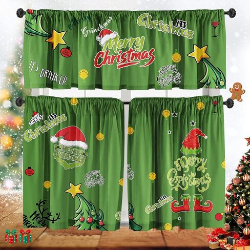 Cuteiush Christmas Kitchen Curtain Valances Winter Holiday Festive Small Window Decoration, Red and Green Farmhouse Xmas Design, 52x18inchx1, 26x36inchx2, 3 Panel, Rod Pocket in Kuwait