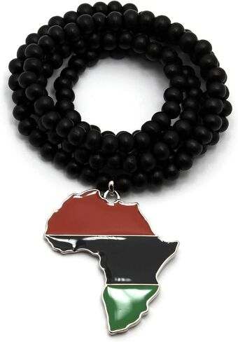 Pan African Colored Africa Map Pendant 6mm 30" Wooden Bead Necklace in Gold Tone (6mm 30" Wooden Bead) in Kuwait