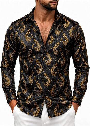 DiBanGu Mens Shirt,Silk Long Sleeve Button Down Paisley Dress Shirts for Men Party Wedding in Kuwait