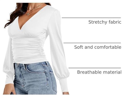 Umenlele Women'sDeep V Neck Puff Long Sleeve Ruched Blouse Tee Top in Kuwait