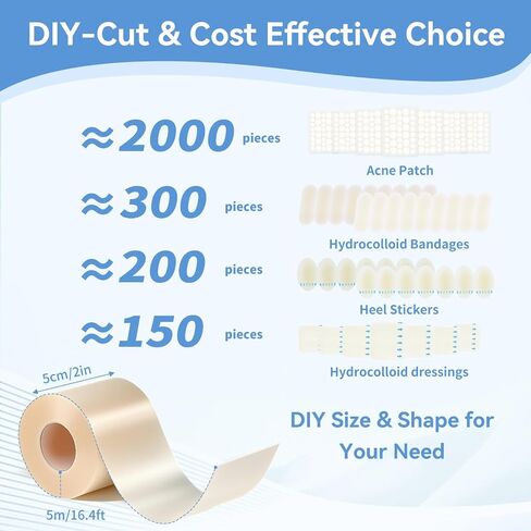 3-in-1 Hydrocolloid Bandage Roll (2" x 16.4 ft) - Sterilized, Waterproof Wound Dressing for DIY Sizing, Latex-Free and Hypoallergenic, Great for Blisters, Cuts & Pimples (2" x 16.4 ft) in Kuwait