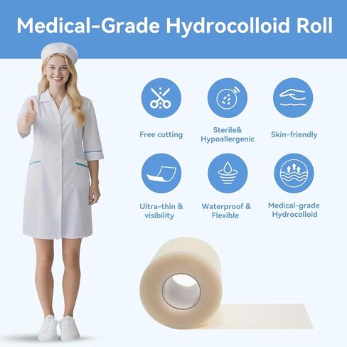 3-in-1 Hydrocolloid Bandage Roll (2" x 16.4 ft) - Sterilized, Waterproof Wound Dressing for DIY Sizing, Latex-Free and Hypoallergenic, Great for Blisters, Cuts & Pimples (2" x 16.4 ft) in Kuwait
