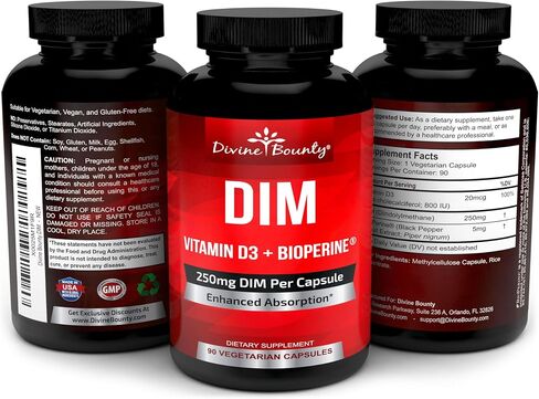 DIM Supplement 250mg with Vitamin D3 Plus BioPerine - Diindolylmethane Menopause & Estrogen Support, Hormone Balance Support for Women and Men - 90 Vegetarian Caps in Kuwait