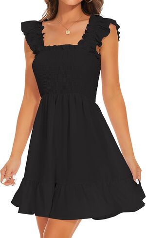 ROYLAMP Women's Smocked Dresses Square Neck Elegant Tiered Boho Ruffle Shoulder Swing Flowy Summer Casual Mini Dress in Kuwait