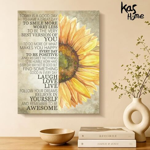 Kas Home Sunflower Wall Decor Inspirational Quotes Canvas Wall Art Rustic Farmhouse Sunflower Artwork for Bathroom Bedroom Office Kitchen Framed Ready To Hang (12 X 15 inch, Yellow - Flower) in Kuwait