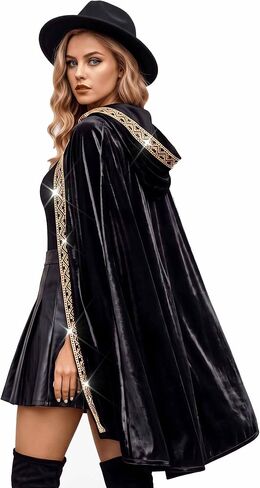 Unicra Hooded Cloak Unisex Adult Velvet Cloak with Gold Sequin Long Cape Halloween Costume Cosplay Party Cape for Women Men in Kuwait