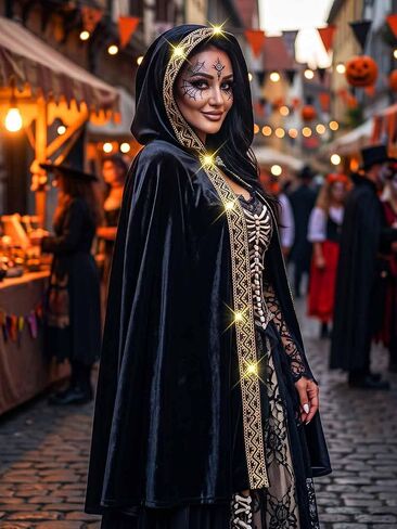 Unicra Hooded Cloak Unisex Adult Velvet Cloak with Gold Sequin Long Cape Halloween Costume Cosplay Party Cape for Women Men in Kuwait