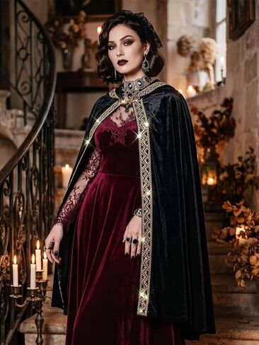 Unicra Hooded Cloak Unisex Adult Velvet Cloak with Gold Sequin Long Cape Halloween Costume Cosplay Party Cape for Women Men in Kuwait