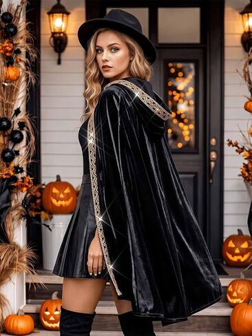 Unicra Hooded Cloak Unisex Adult Velvet Cloak with Gold Sequin Long Cape Halloween Costume Cosplay Party Cape for Women Men in Kuwait